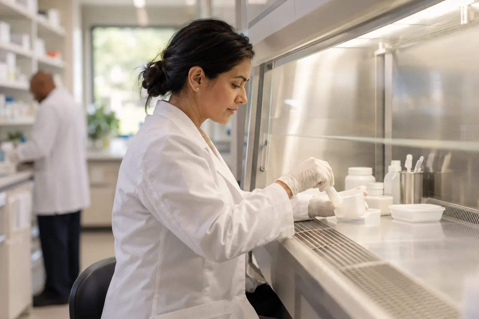 A pharmacist working at a sterile compounding hood in a licensed pharmacy