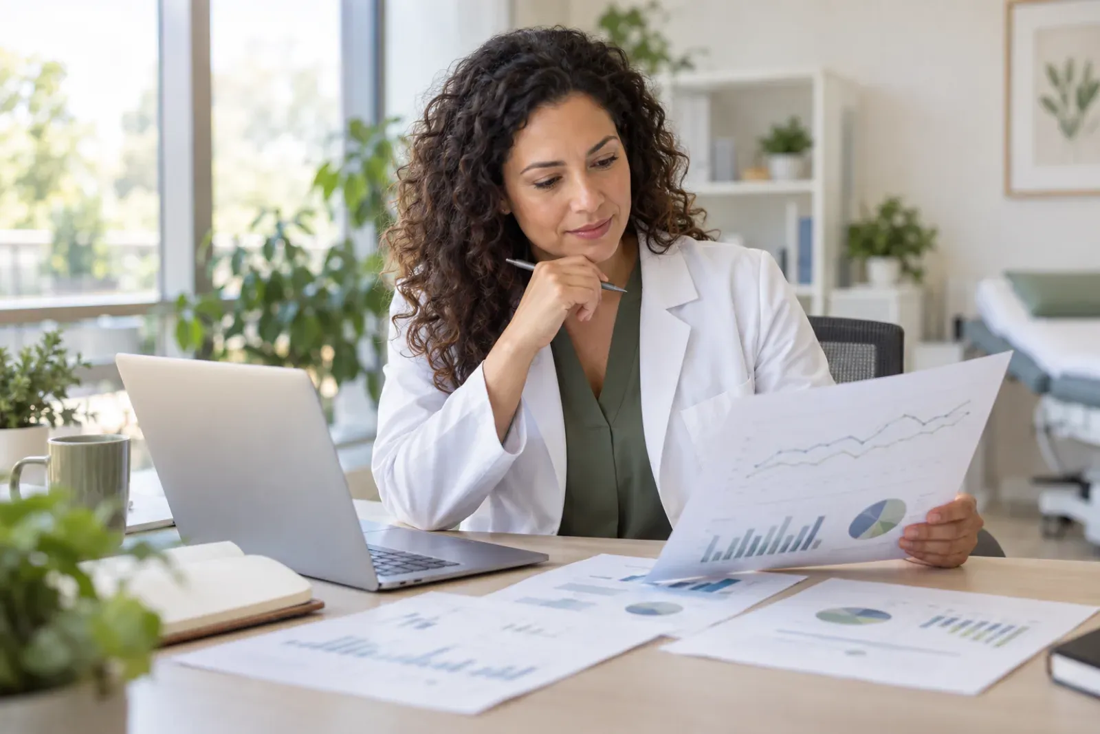 A researcher reviewing printed clinical trial charts
