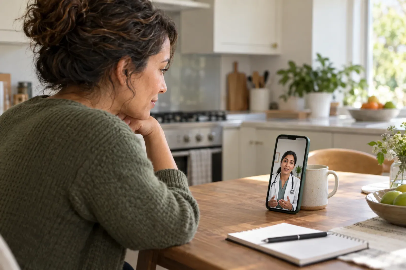 A woman on a video visit with a doctor on her phone at the kitchen table